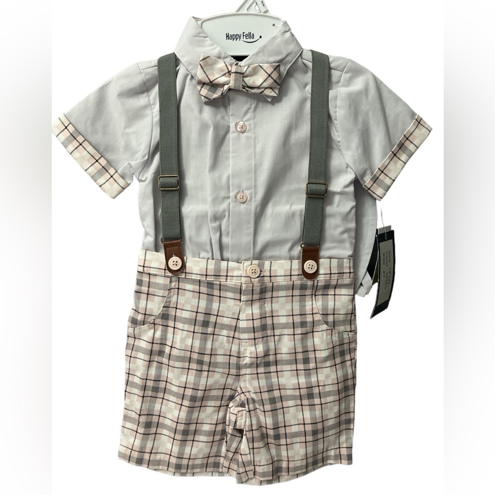 Happy Fella Baby boys 3 piece short set suspender outfit /bow & Cap /Size 2T